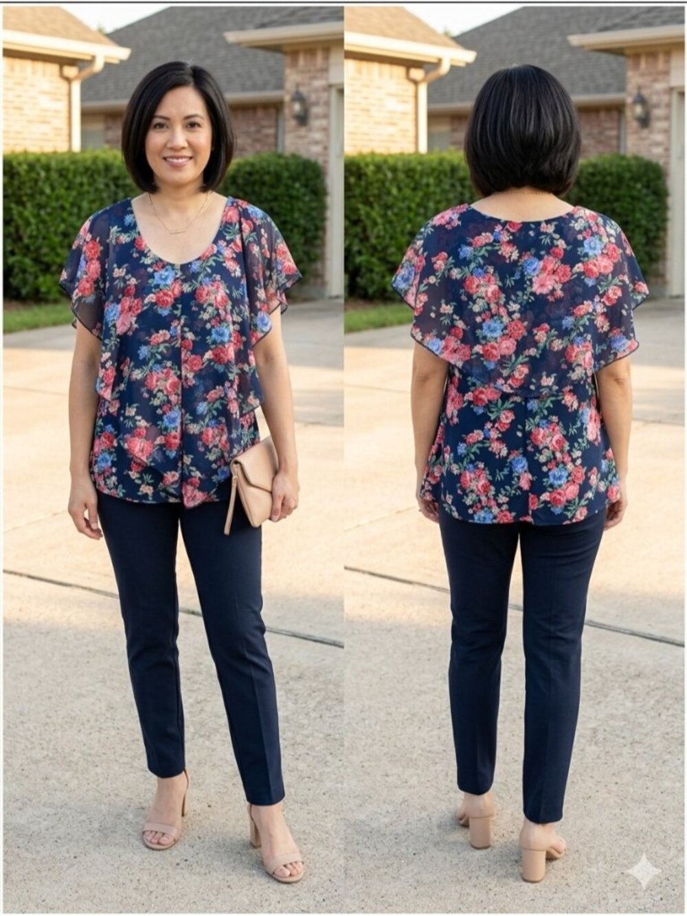 Adele & May Floral Top L Navy Flutter Sleeve Rhinestone Whimsigoth Barbiecore